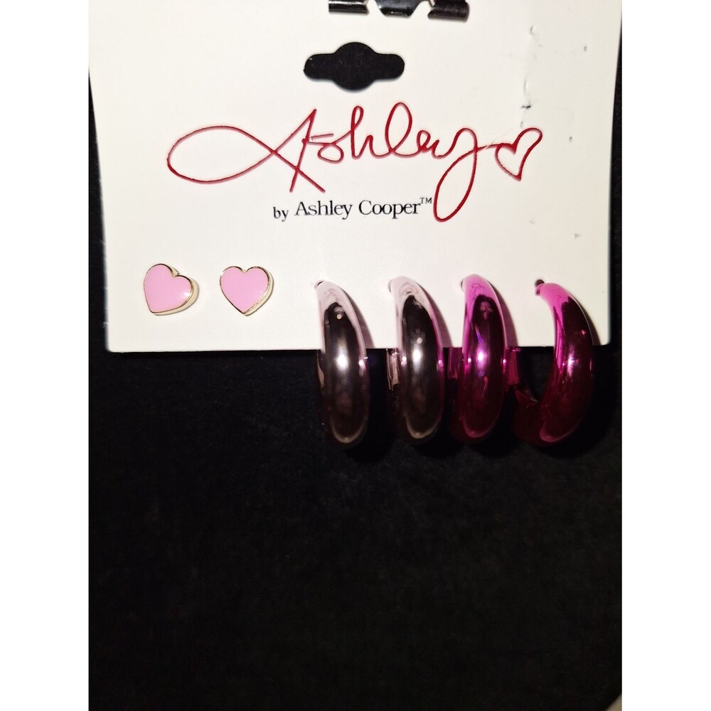 Ashley Cooper Pink Heart Studs & Metallic Hoop Earring Set